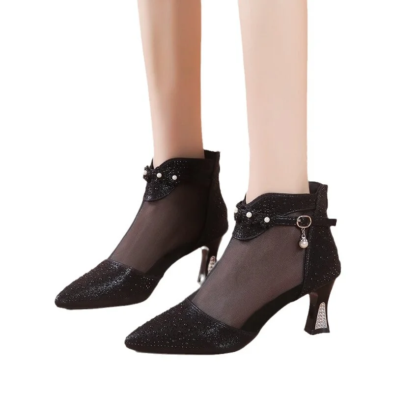 Yyvonne New Korean Version Of Fashion Tip Zipper High-Heeled Women's Sandals Large Size Water Drill Breathable Mesh Yarn Cool Boots