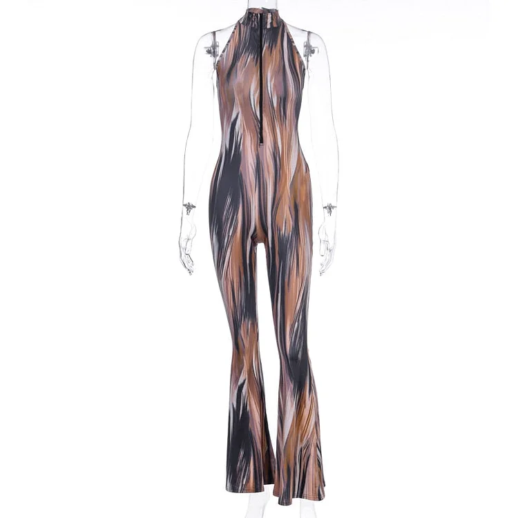Hugcitar 2020 sleeveless print bodycon sexy jumpsuit spring women stretchy flare slim body streetwear club party outfits