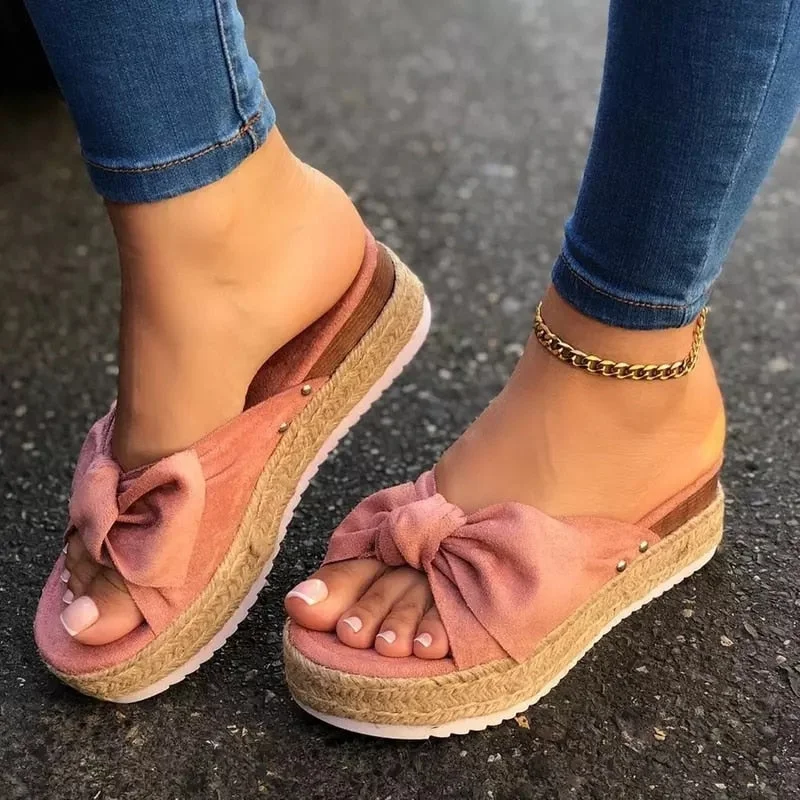 Slippers Women Summer Sandals Mid Heels Sandals Plus Size Wedges Shoes Woman Bowties Slippers Sandalias Mujer Sapato Feminino