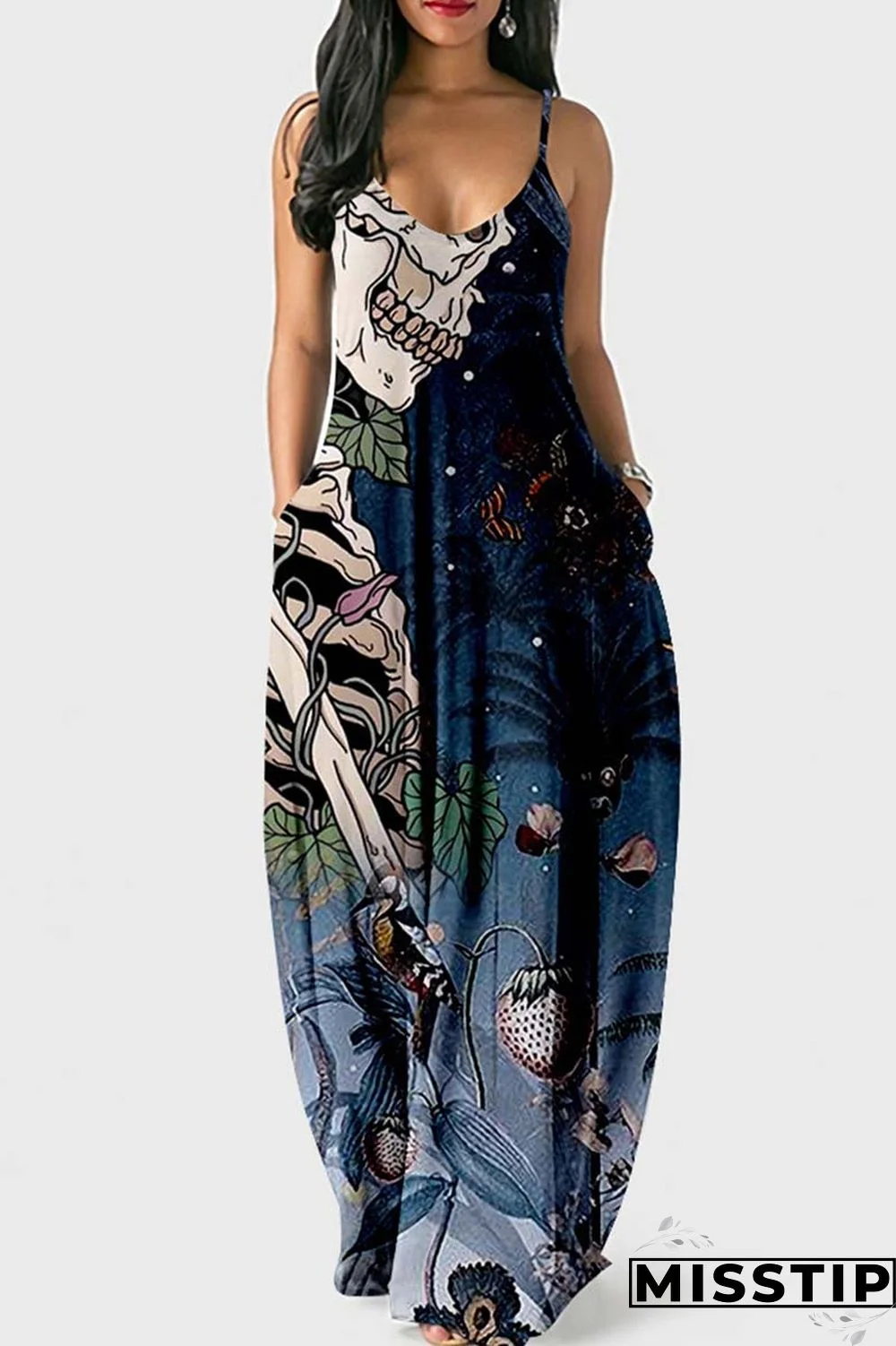 Tibetan Blue Sexy Casual Print Backless Spaghetti Strap Long Dress Dresses