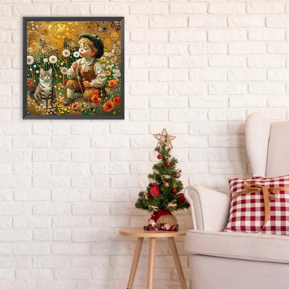 Full Round Diamond Painting 30*30cm - Child, Kitten And Dandelions