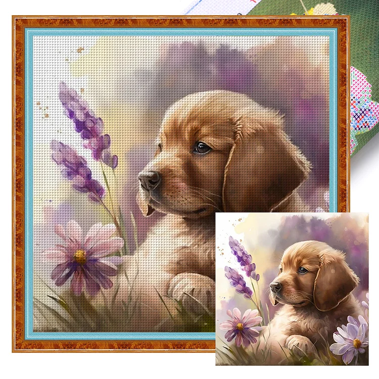 【Huacan Brand】Chrysanthemum And Dog 11CT Stamped Cross Stitch 40*40CM