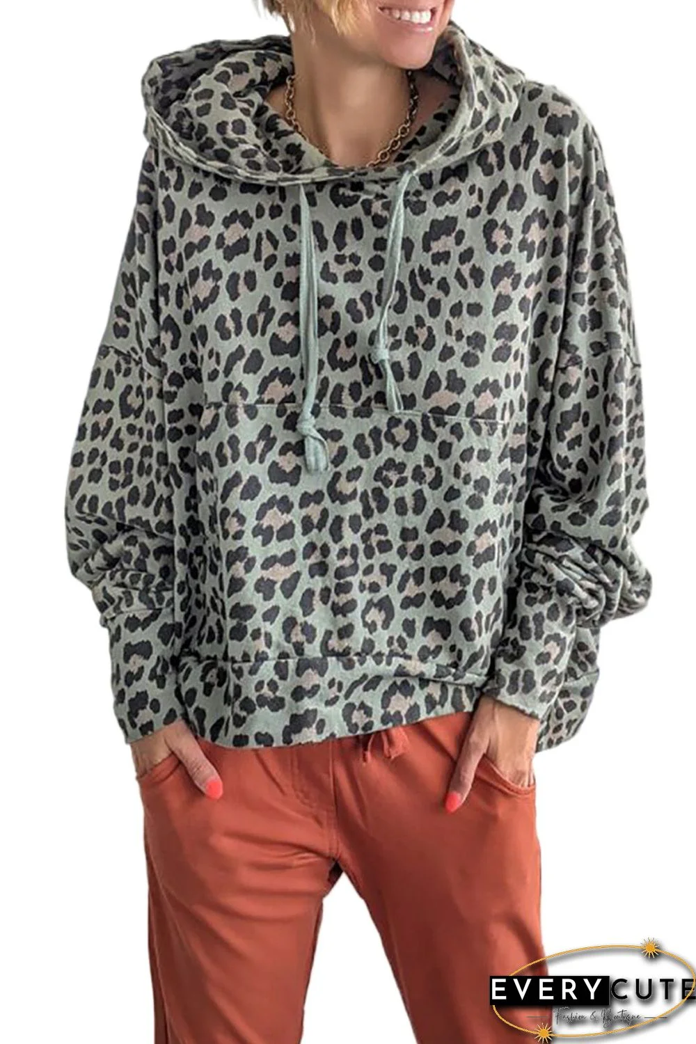 Green Leopard Print Long Sleeve Pullover Hoodie