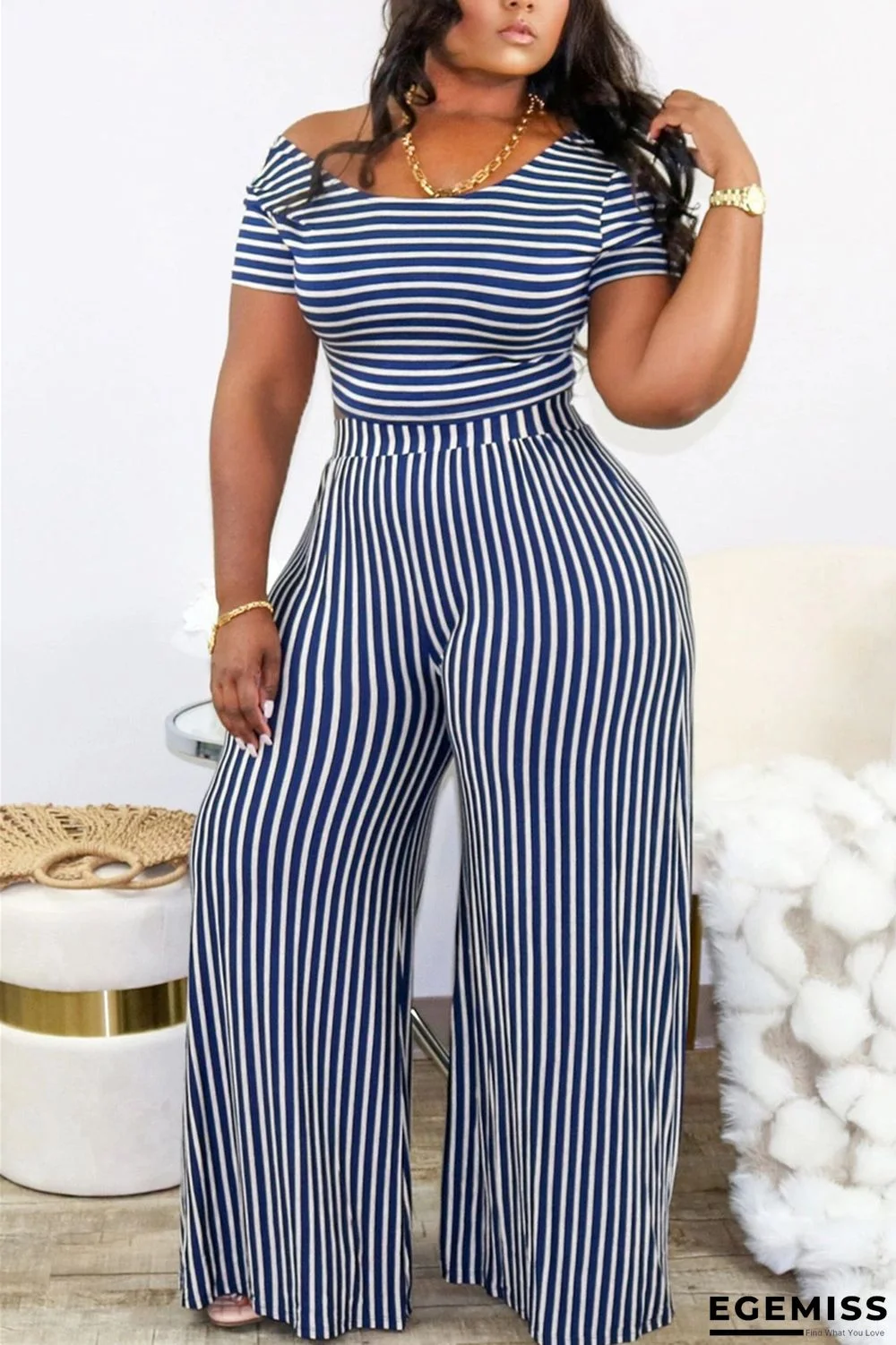 Blue Fashion O Neck Short Sleeve Regular Sleeve Striped Print Plus Size Set | EGEMISS