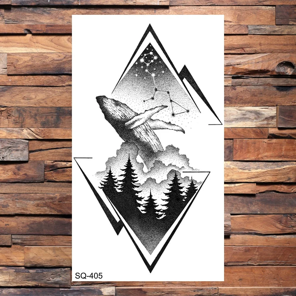 Small Forest Pine Tree Temporary Tattoos For Women Men Realistic Whale Mountain Sea Wave Fake Tattoo Sticker Arm Body Tatoos