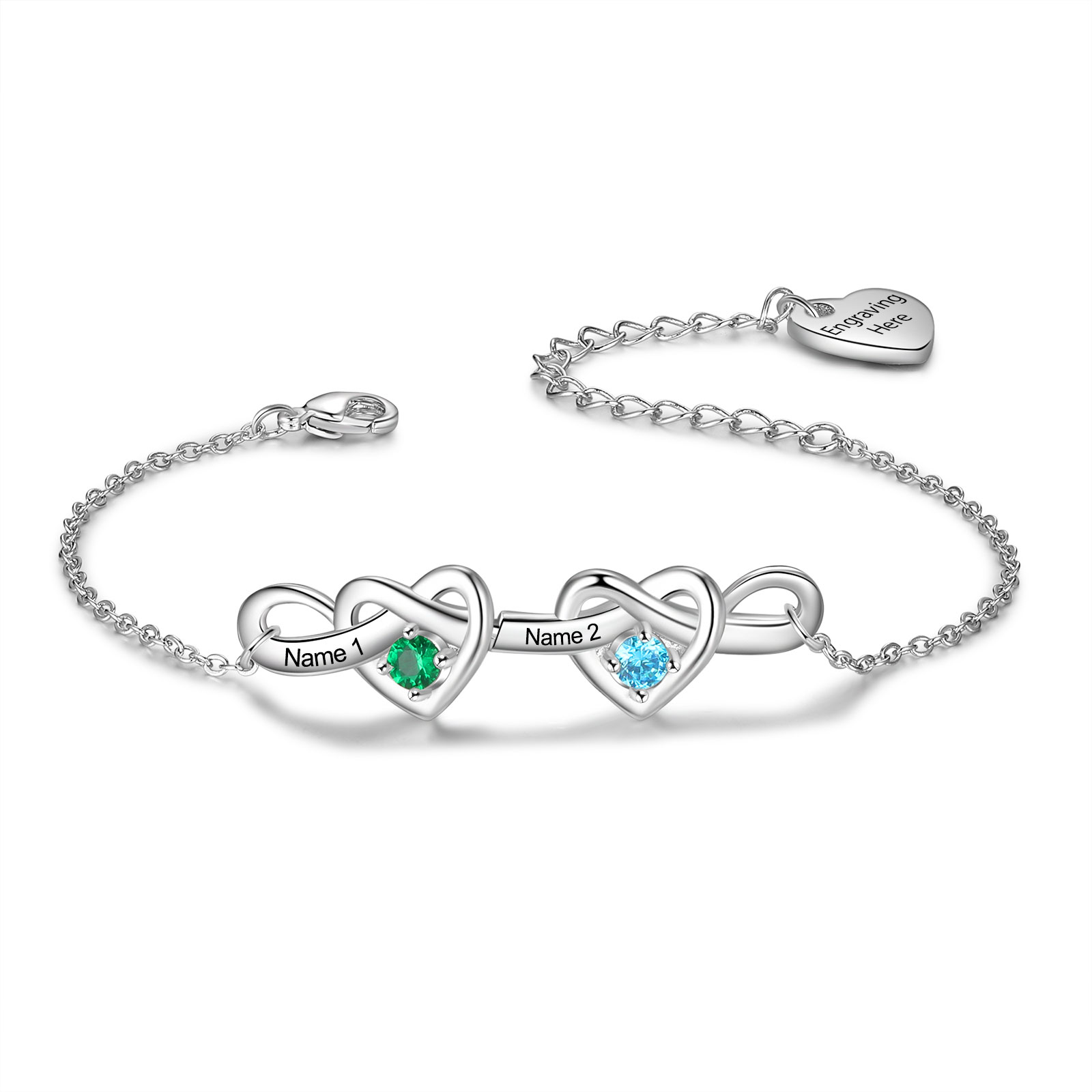 2 Names - Personalized Linked Heart Bracelet Custom 2 Birthstones Engraved Text Bracelets