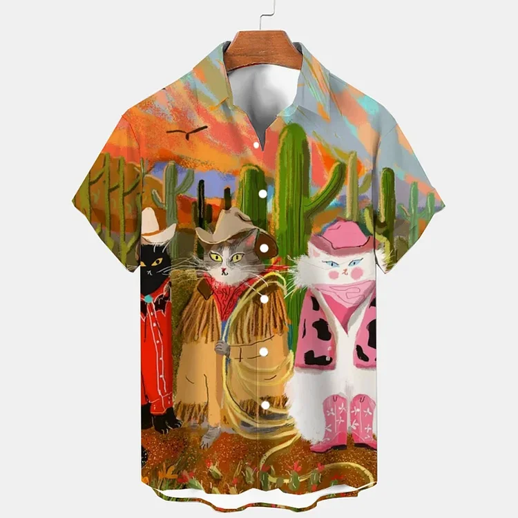 Men's Western Style Cactus Denim Kitten Print Shirt