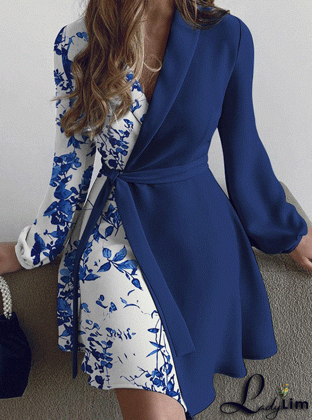 Autumn Blue Print V-Neck Wrap Elegant Cocktail Dress