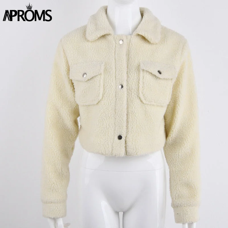 Aproms Elegant Solid Color Cropped Teddy Jacket Women Front Pockets Thick Warm Coat Autumn Winter Soft Short Jackets Female 2021