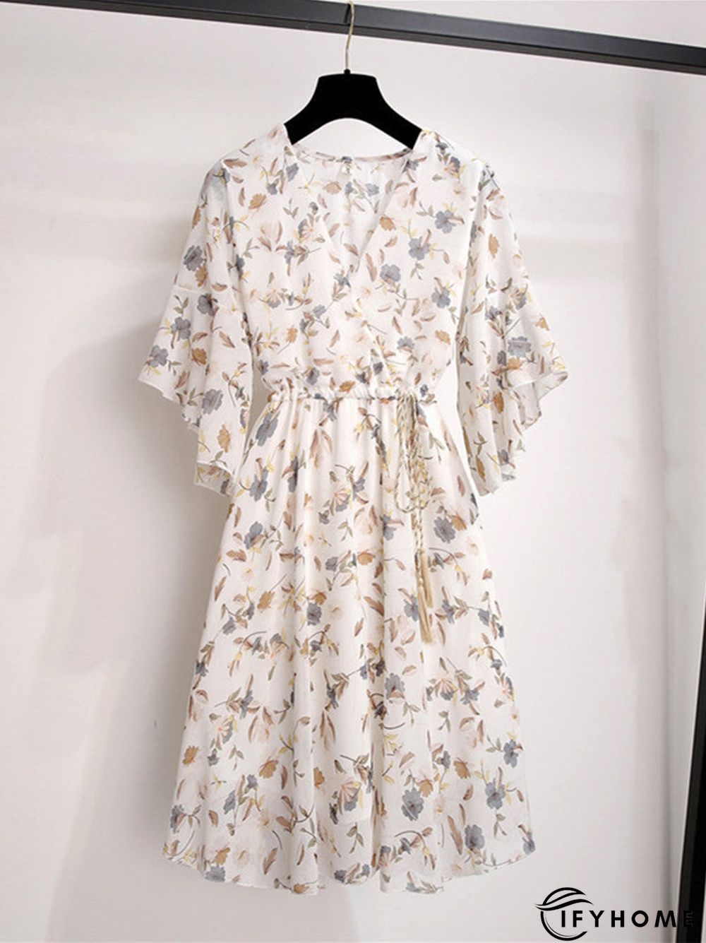 Spring Summer Chiffon Women V-Neck Floral Print Short Dresses Sweet Ruffle Sleeeve Slim Drawstring Ladies Dress | IFYHOME