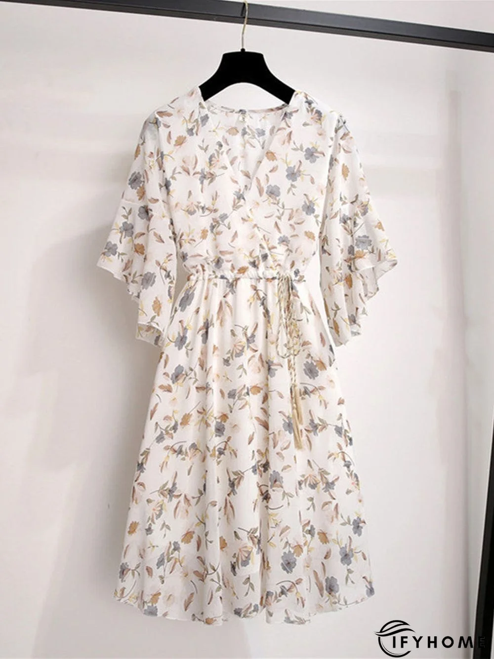 Spring Summer Chiffon Women V-Neck Floral Print Short Dresses Sweet Ruffle Sleeeve Slim Drawstring Ladies Dress | IFYHOME