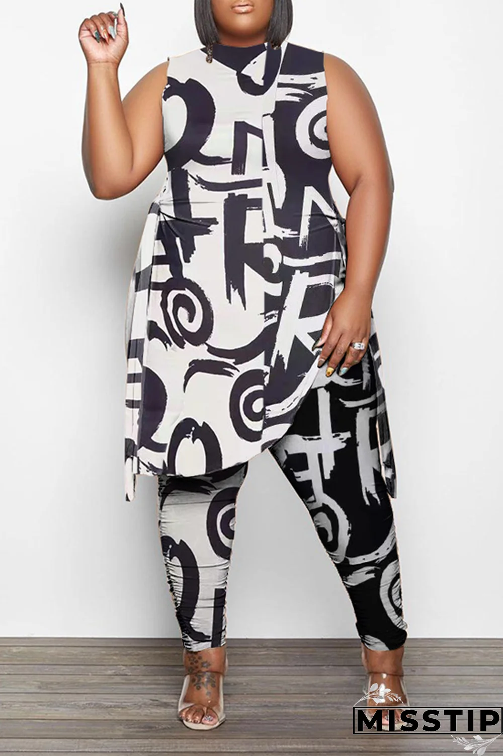 Black White Fashion Print Draw String O Neck Plus Size Two Pieces