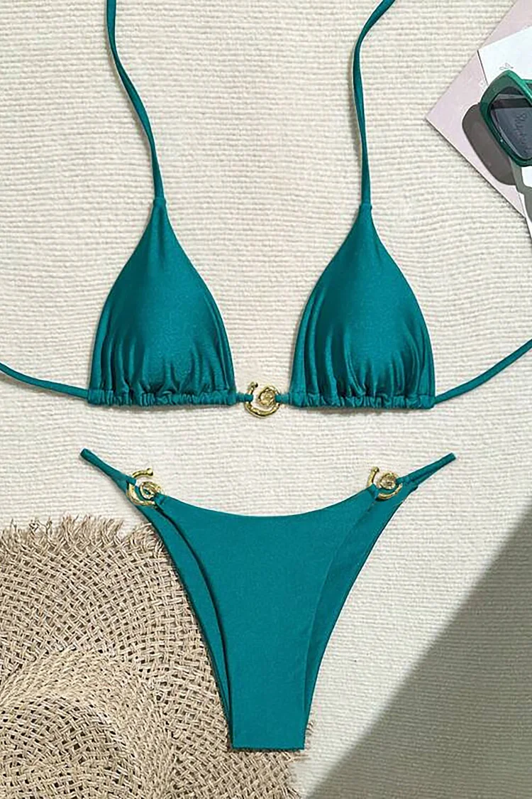 Metal Decor Solid Color Halter Bikini Two-Piece Set-Teal