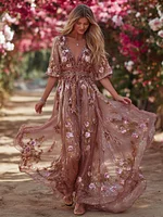 Bohème Pink Rose Sequin Light Pink V-neck Short-sleeved Dress