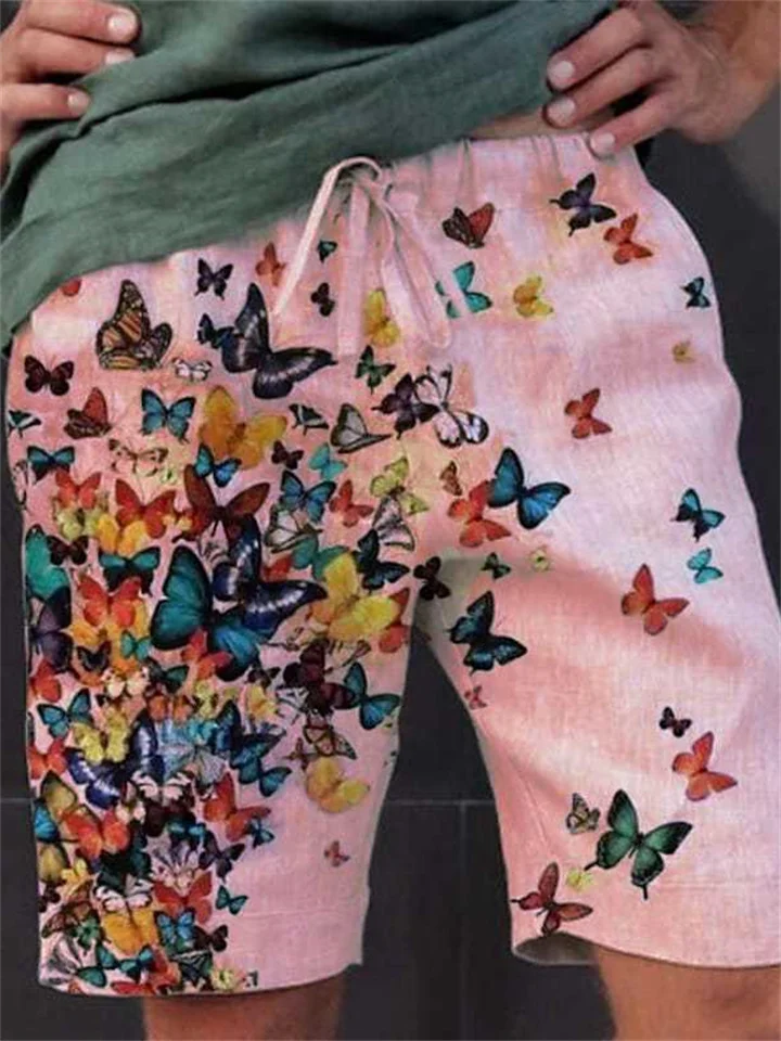Beach Drawstring Shorts Butterfly Print White Green Pink-Cosfine