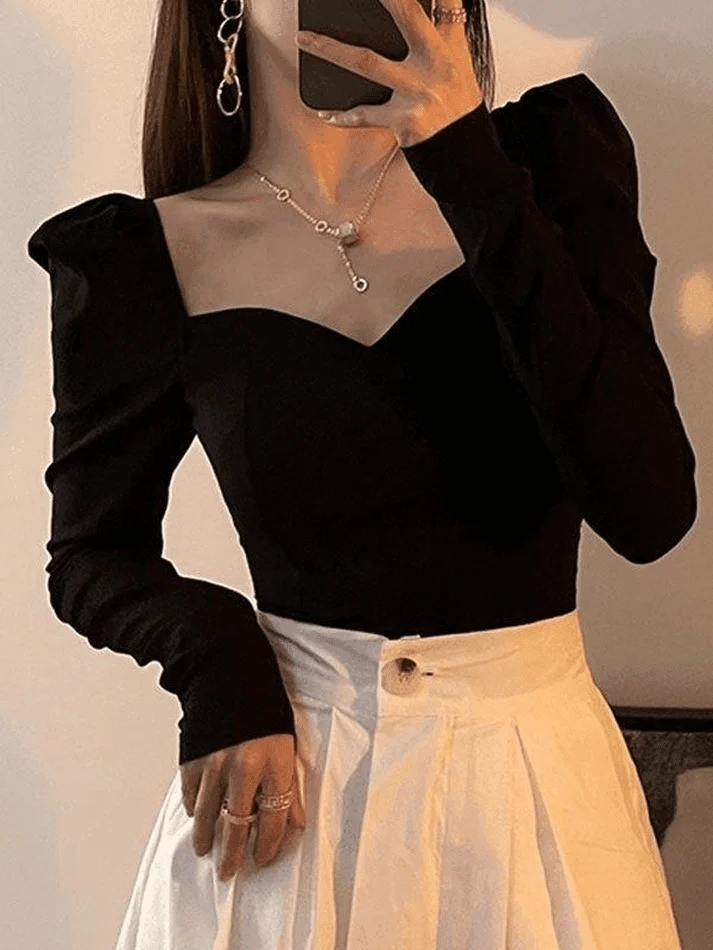 Brownm Ruched Puff Sleeve Blouse