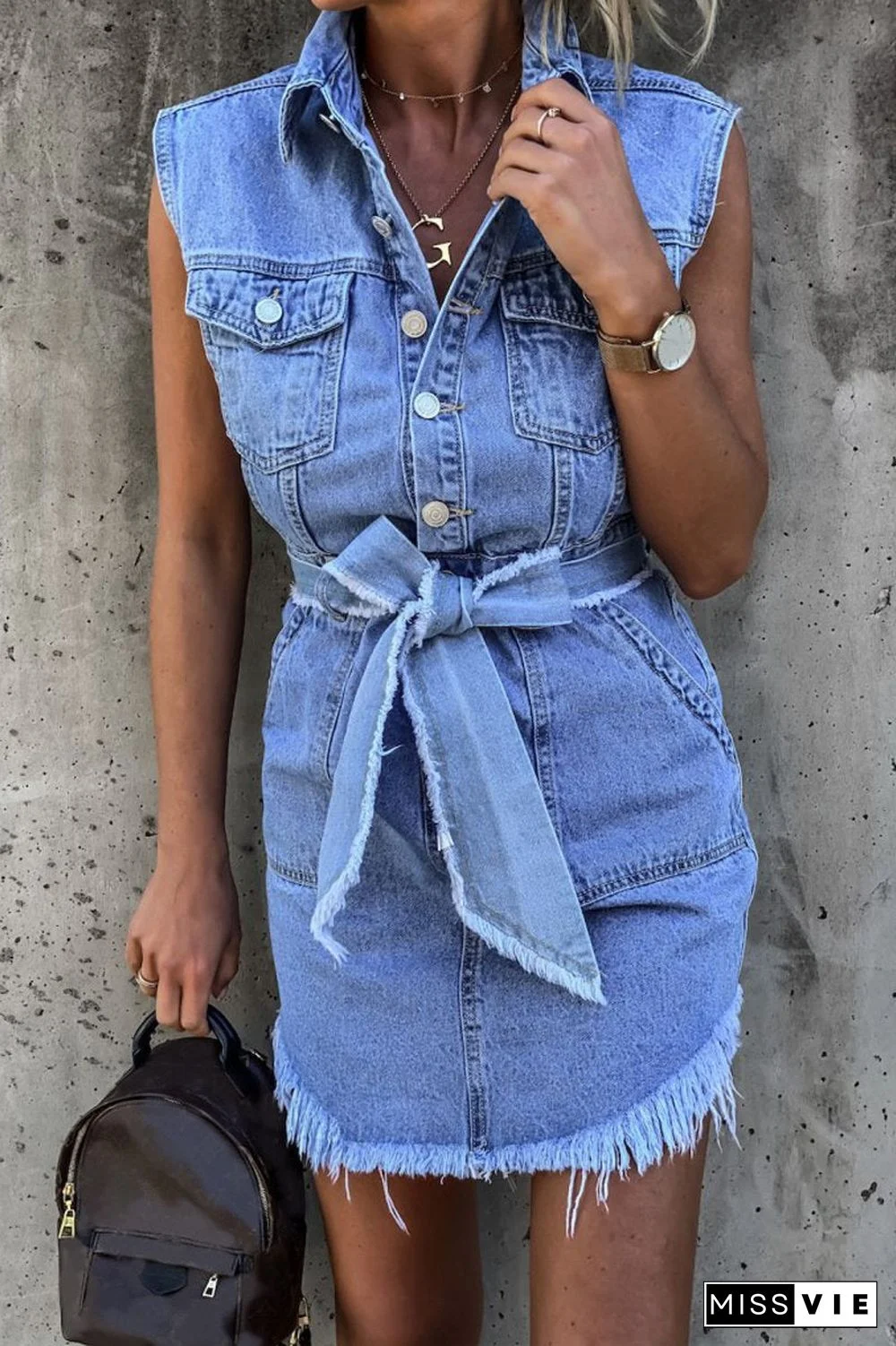 Denim Sleeveless Burrs Dress(With Belt)