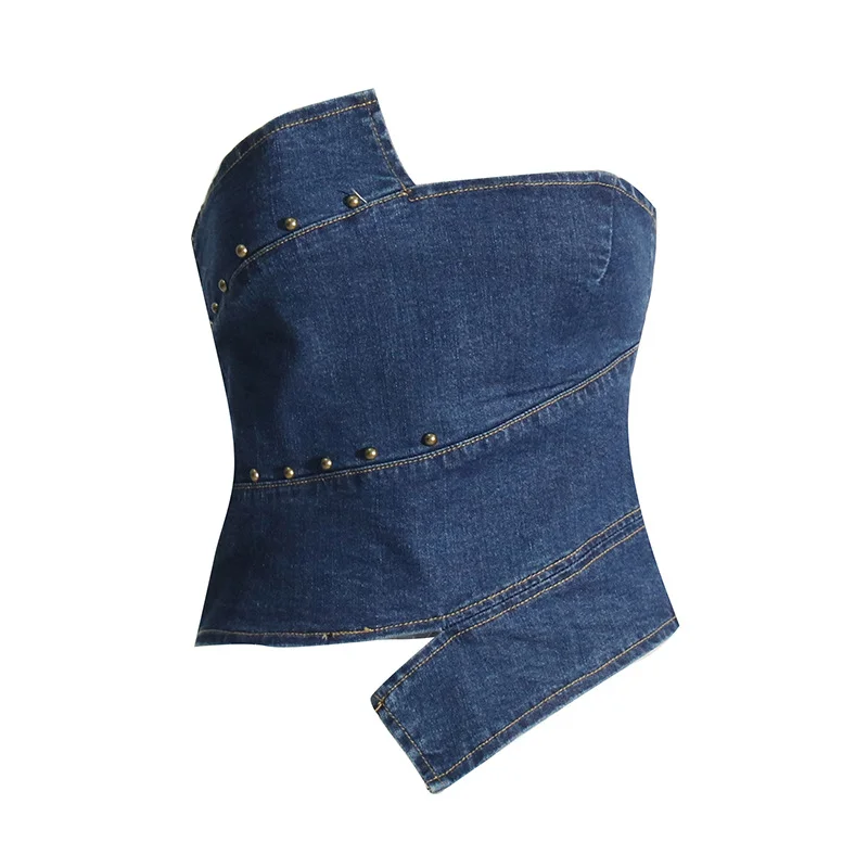 Toloer Toloer Hot Girls Wind Niche Design 2024 Autumn Style Wipe Chest Irregular Slim Jeans Patchwork Jacket Women-Outfit Ideas