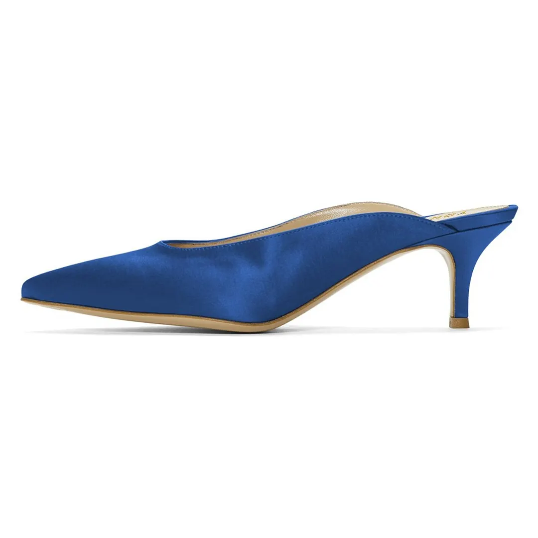 Blue Satin Kitten Heel Classic Mules Shoes with Pointed Toe