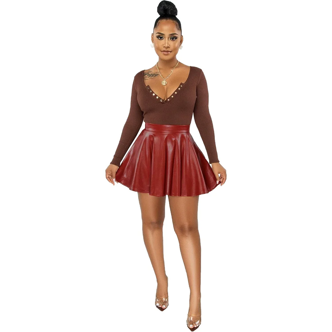 Brownm Sexy Nightclub Party Solid Color Leather Swing Mini Skirt