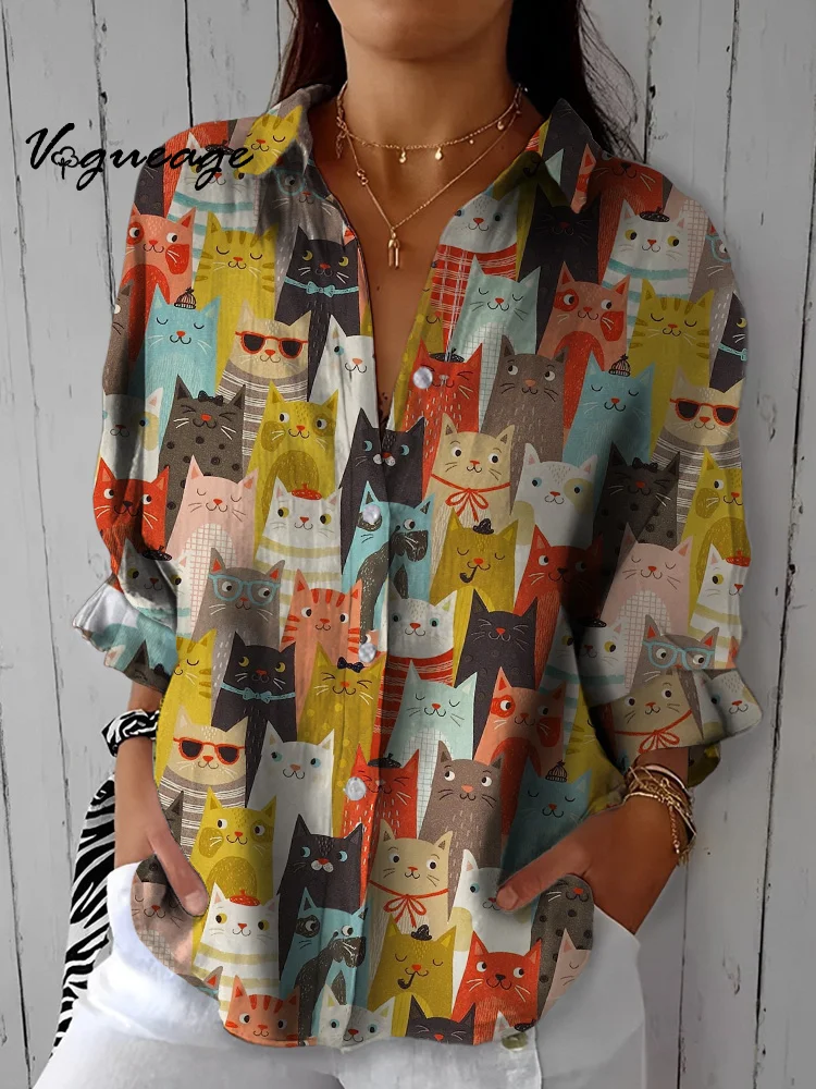 Cute Cat Puzzles Printed Three-Quarter Sleeves Cotton And Linen Shirt