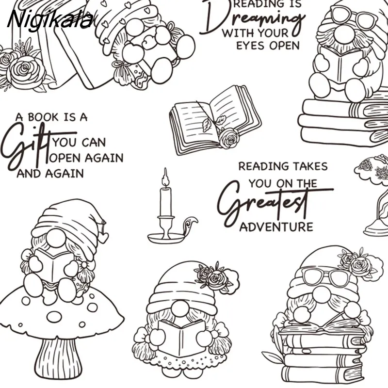 Nigikala Cute Reading Books Gnome Metal Cutting Dies Clear Stamps For ...