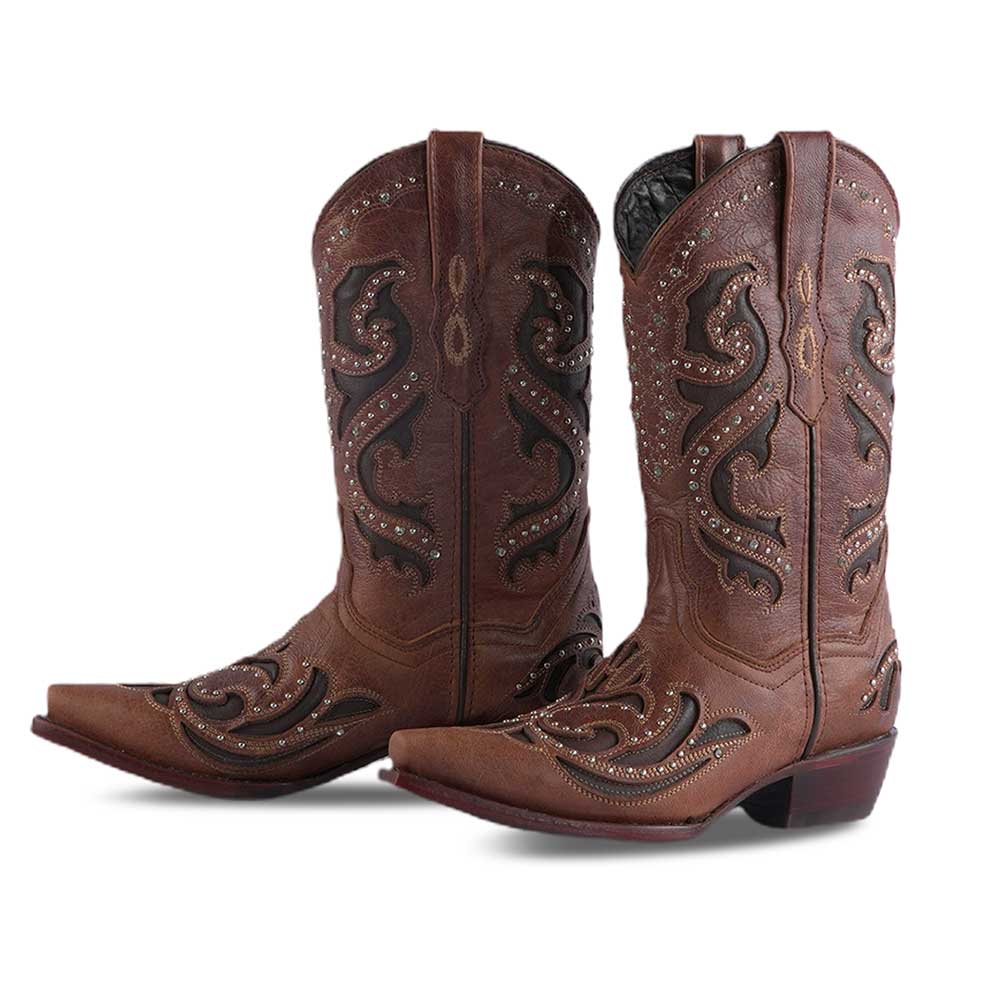 Brown Studs Decorative Inlay Snip Toe Low Heel Mid-Calf Cowgirl Boots Nicepairs