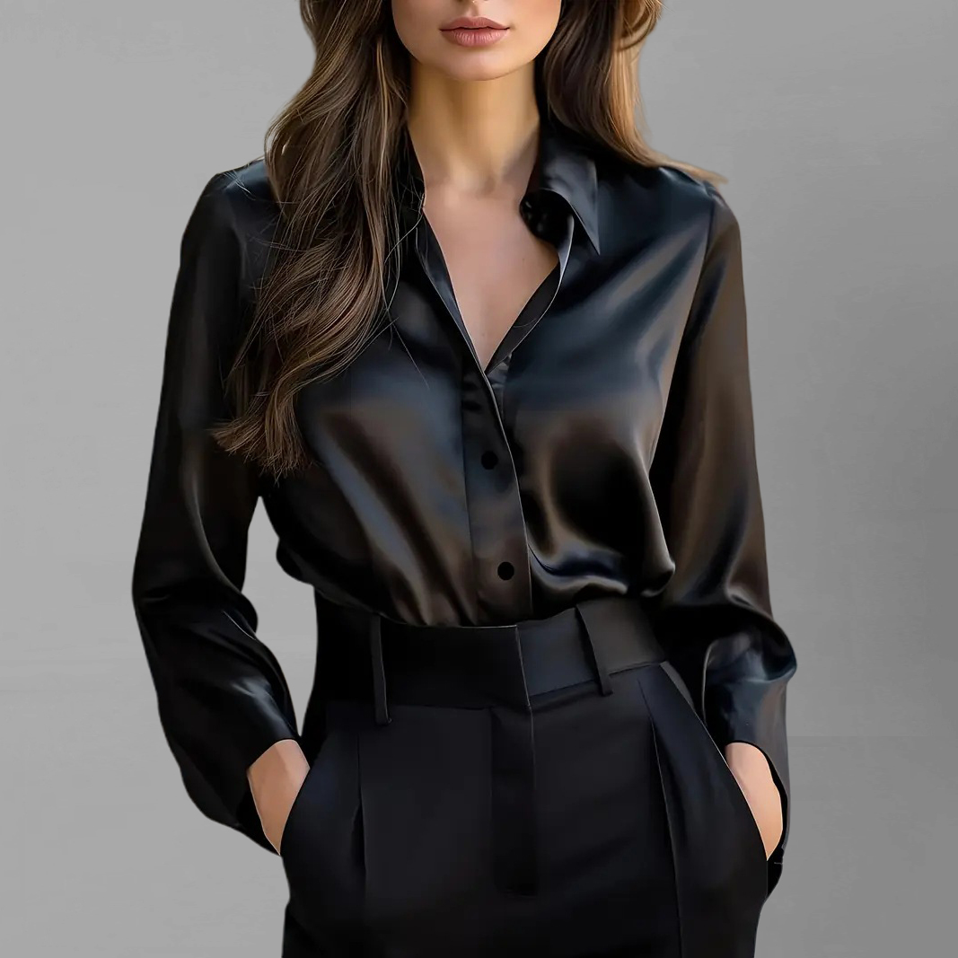 Women's Elegant Black Solid Shirt Collar Button Long Sleeve Blouse