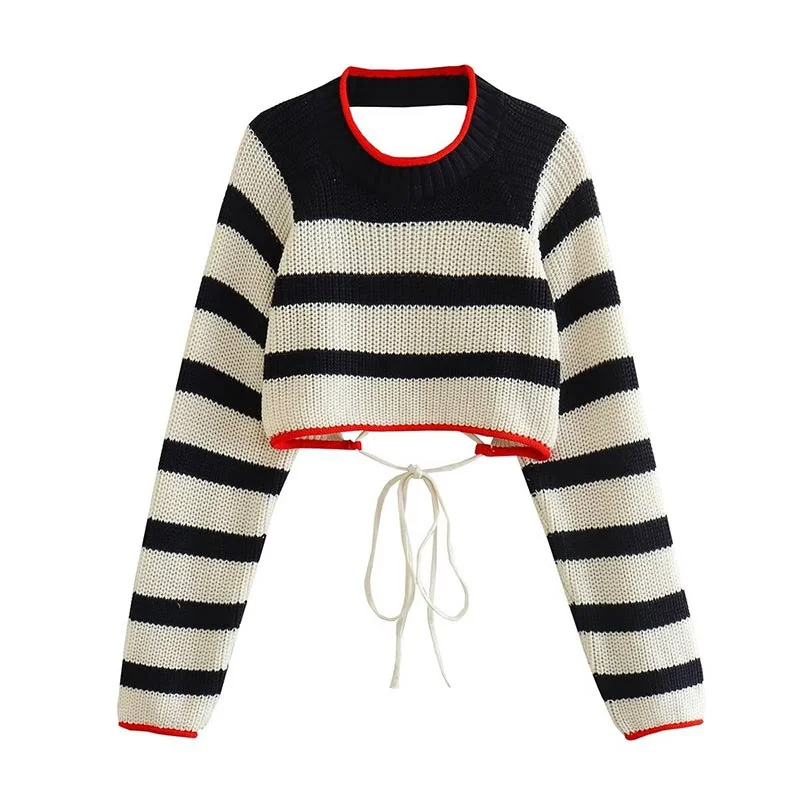 Fashion Lace Up Backless Stripe Sweater Pullover Women Elegant O Neck Knittesd Tops New Spring Casual Female Black White T-shirt