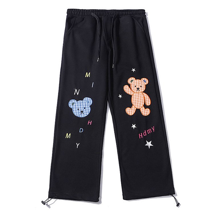 Cartoon Bear Letter Embroidery Casual Pants - Modakawa