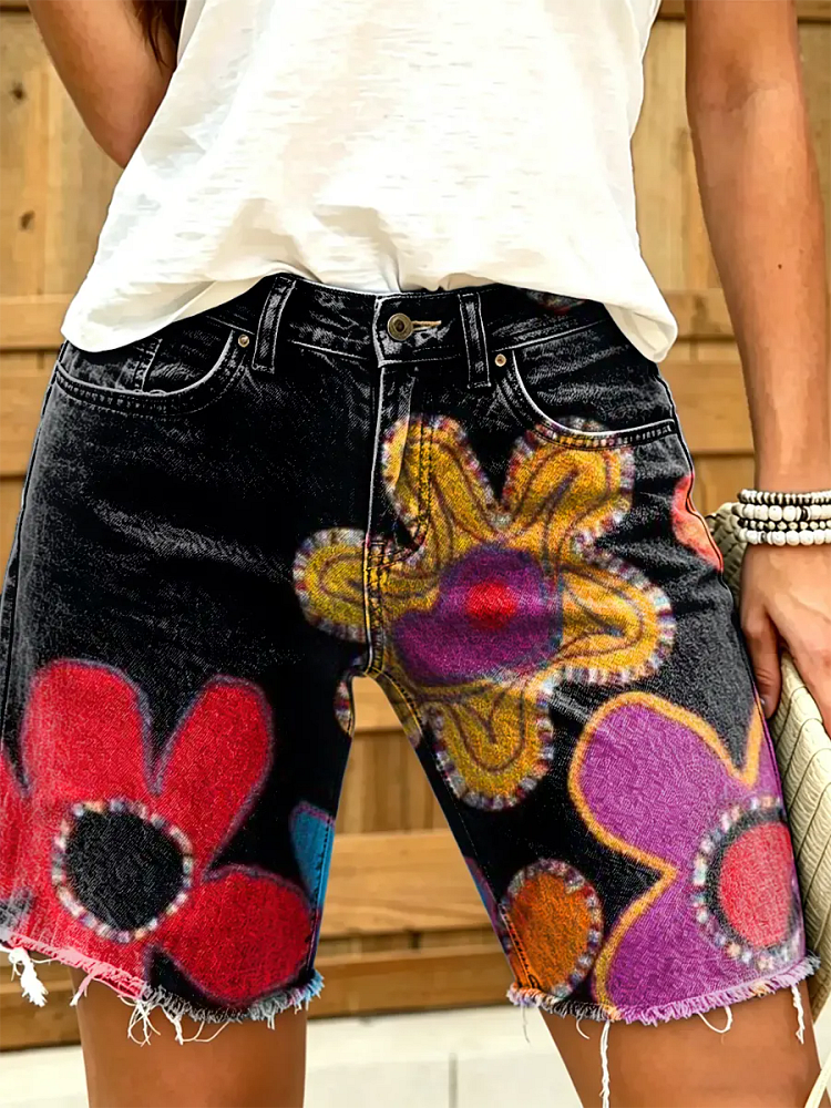 Women's Retro Colorful Petal Art Print Mid-Length Denim Bermuda Shorts with Frayed Hem