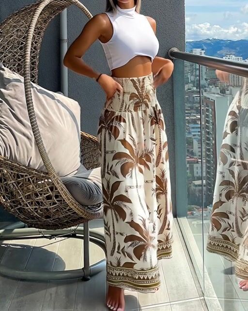 Vintage Plants Print High Waist Shirred Elastic Waist Wide Leg Pants-0119