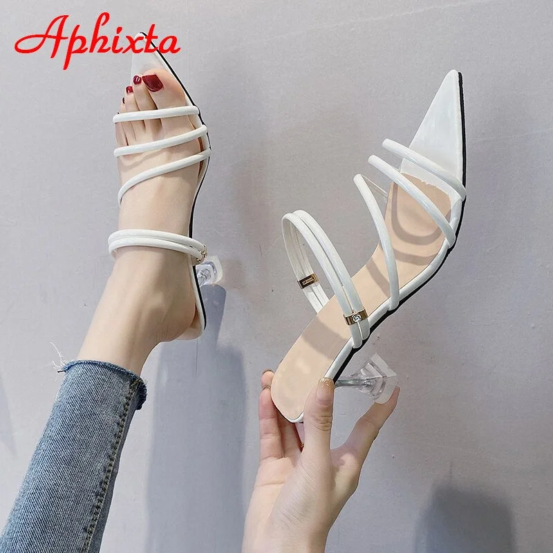 Aphixta 6.5cm Transparent Heels Slippers Women Pointed Peep Toe Summer Cool Slides Sandals Mujer Elegant Shoes