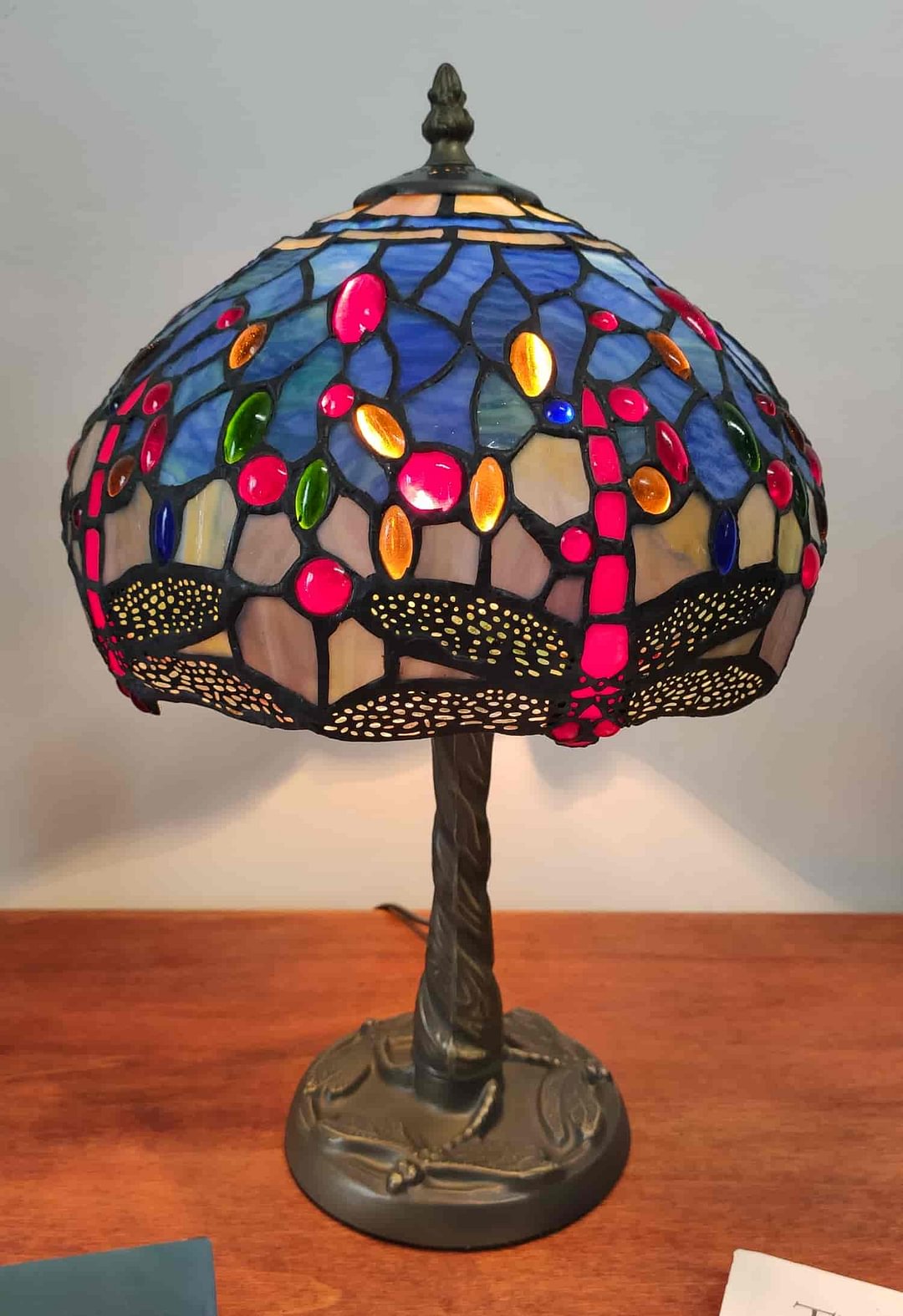 Tiffany Lampshade with Red Dragonflies and Blue Background, 25cm
