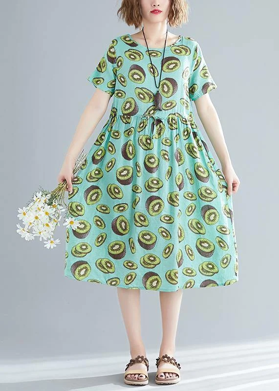 Unique green print linen clothes Women Korea pattern o neck drawstring Art Summer Dress