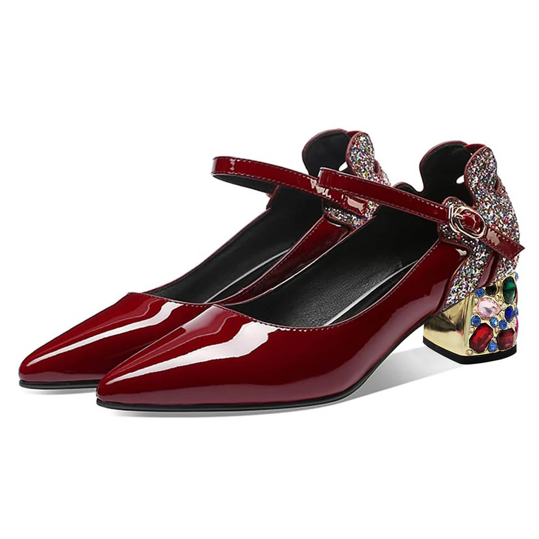 Burgundy Glitter Floral Rhinestone Decorative Heel Mary Jane Pumps