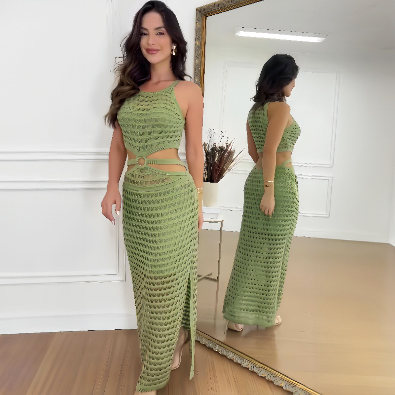 Ootddress Sexy Hollow Out Women Knit Maxi Dress High Waist Cut Out Mesh Sheer Elegant Sleeveless Hem silt Beach Party Dress Femme