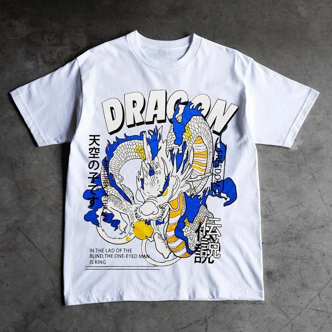 Dragon & Japanese Print Short Sleeve T-Shirt