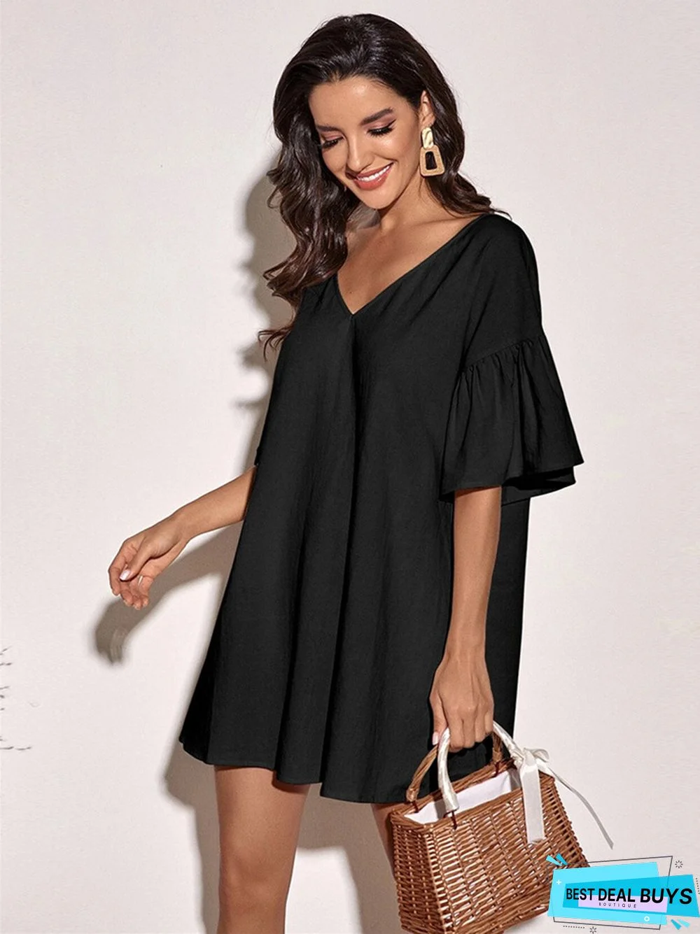 Women's Holiday Style Loose Casual Baby Shirt Short Skirt V-Neck Cotton Dress Black Dresses