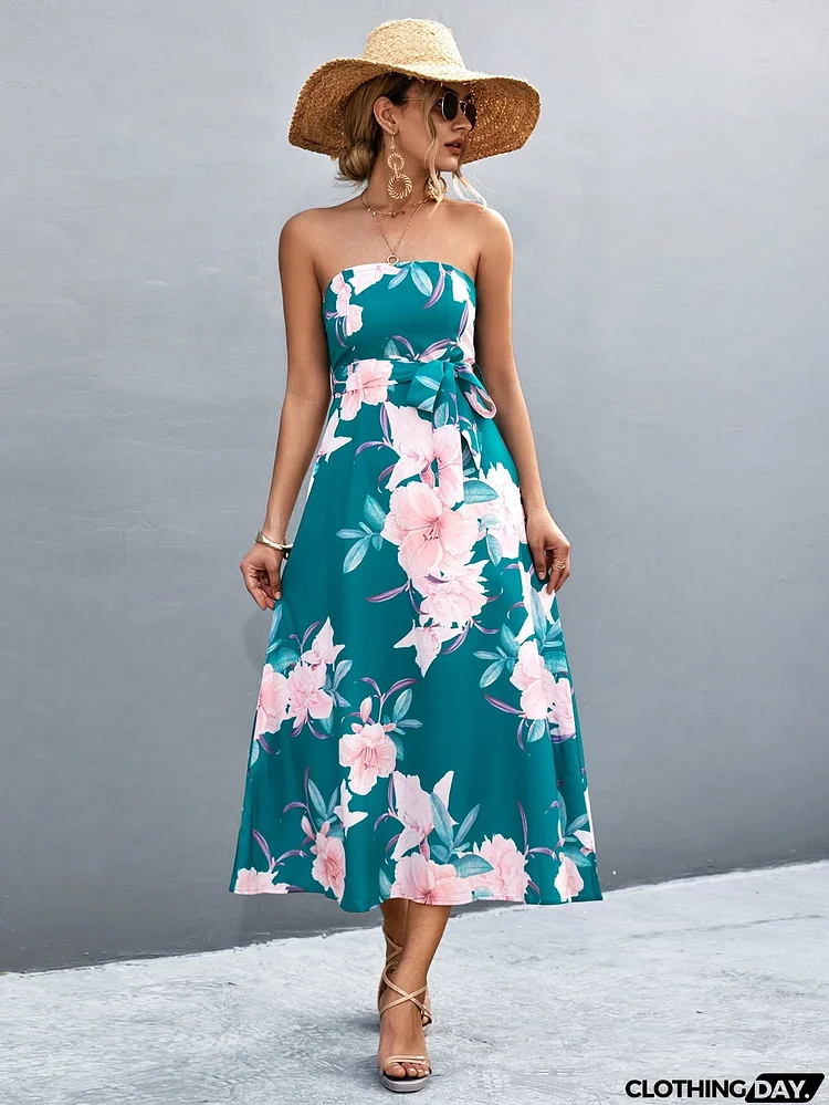 Floral Print Tie Waist Straight Neck Midi Dress