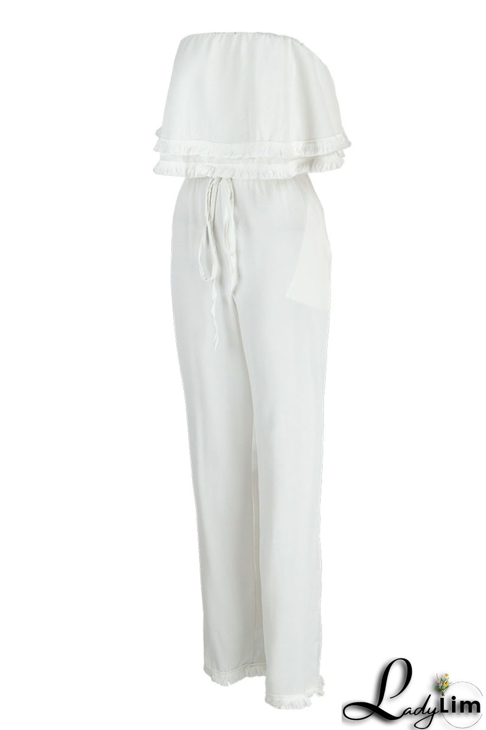 White Casual Solid Patchwork Strapless Straight Jumpsuits