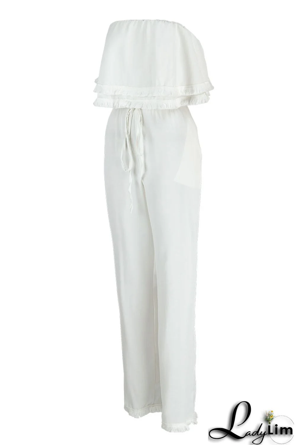 White Casual Solid Patchwork Strapless Straight Jumpsuits