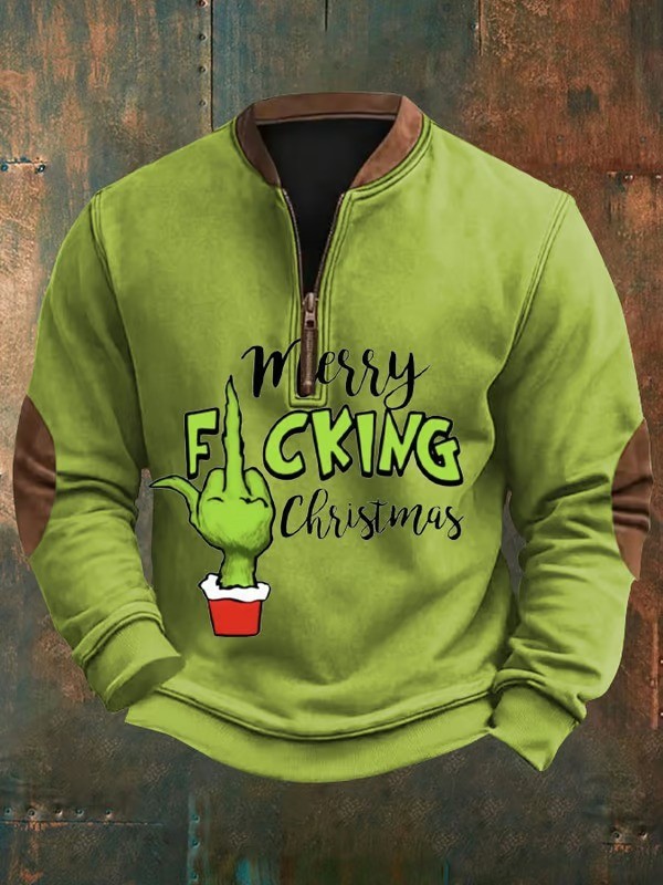 Mens Merry Fcking Christmas Funny Ugly Green Monster Casual Pullover PLUSCLOTHESMAN