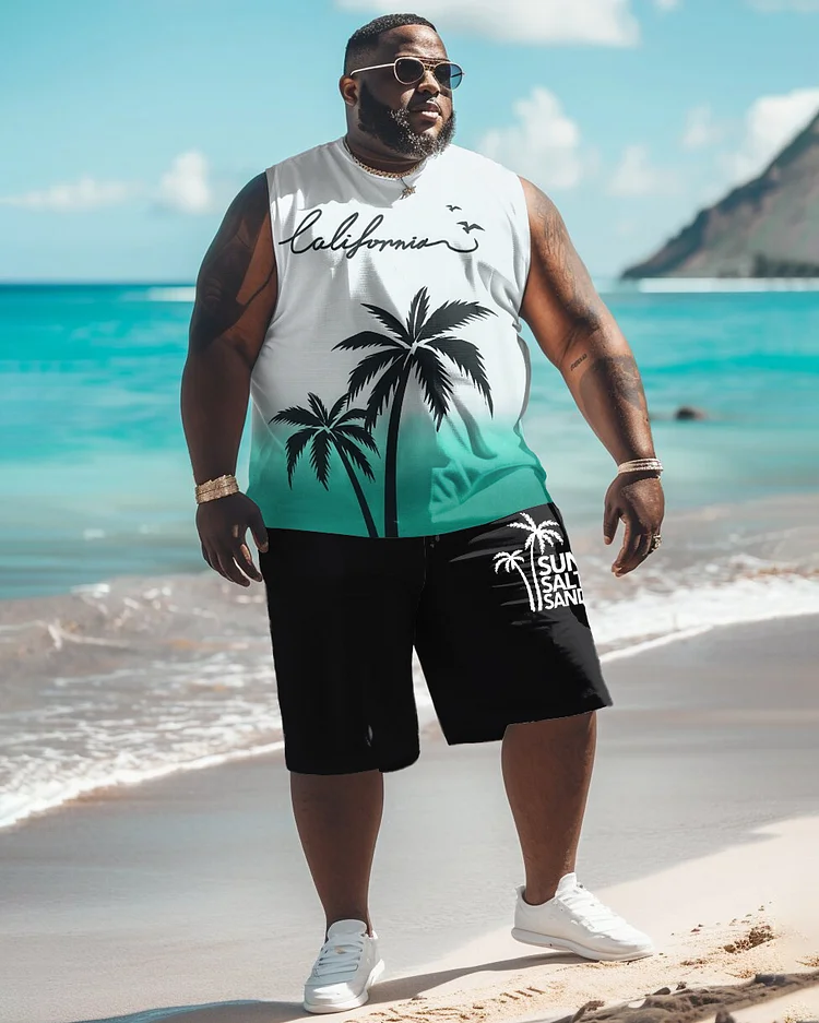 Men's Plus Size Hawaiian Gradient Floral Print Tank Shorts Suit