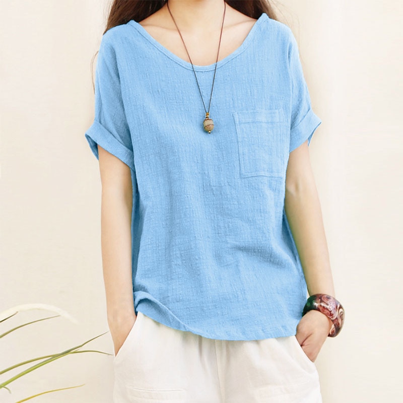 Loose Cotton Linen Blouse Plus Size Women Summer T-shirts