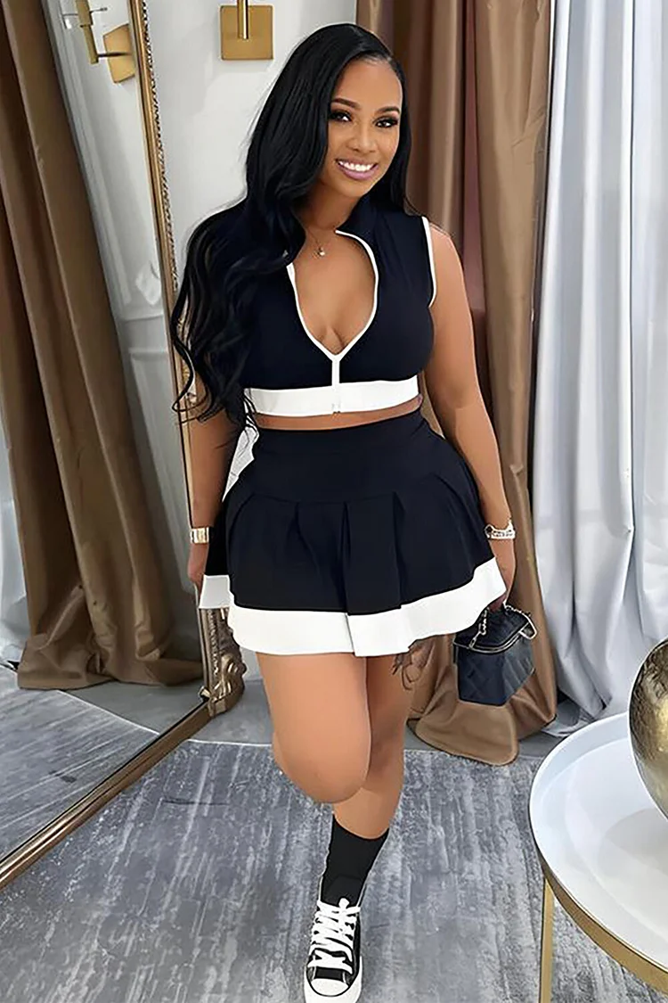 Colorblock Trim Sleeveless Crop Top A-Line Mini Skirt 2pcs Set-White