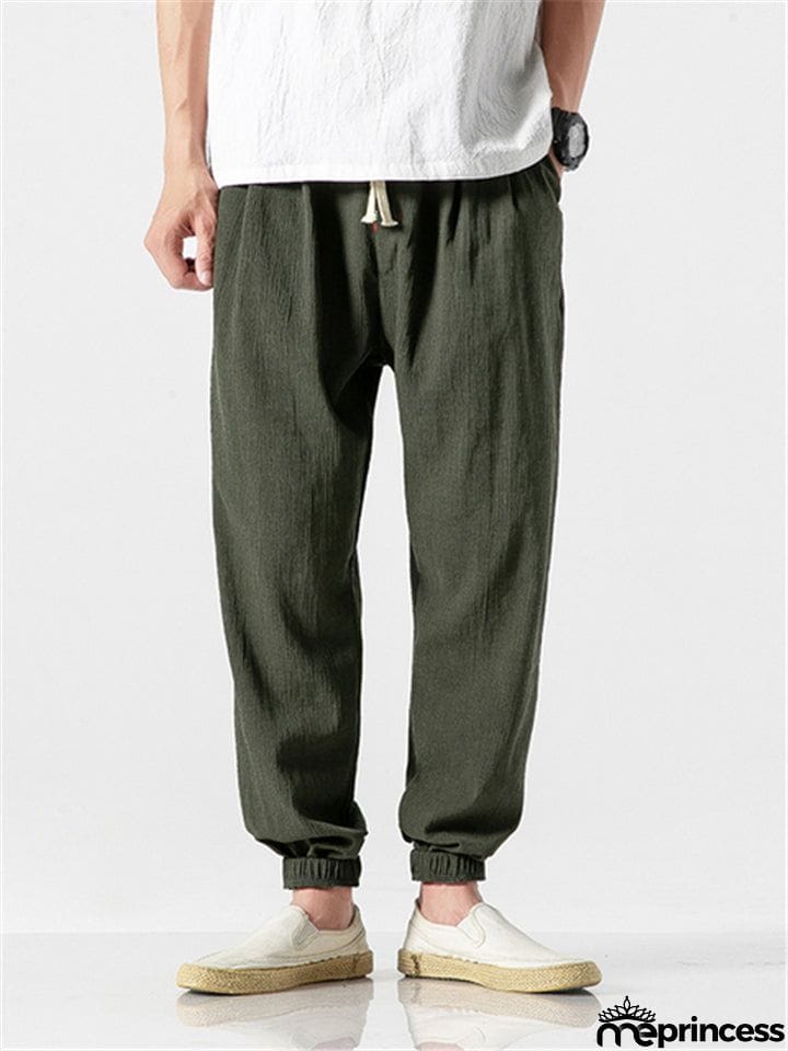 Men Cotton Linen Lightweight Drawstring Pants