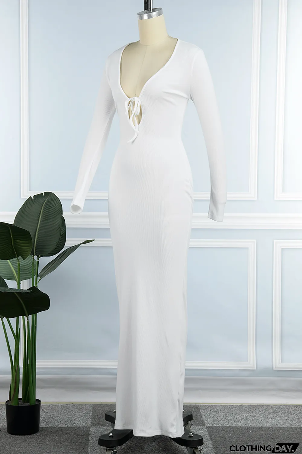 White Sexy Simplicity Solid Frenulum V Neck One Step Skirt Dresses