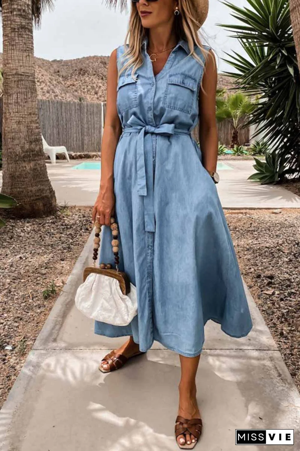 Sleeveless Lace-Up Single-Breasted Denim Midi Dress