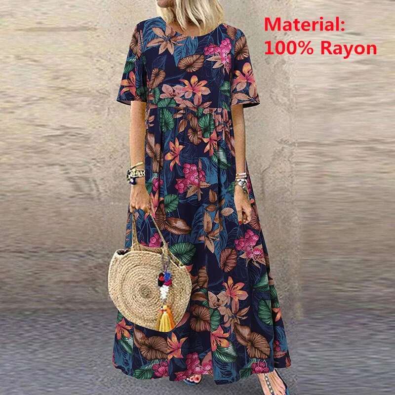 2022 ZANZEA Bohemian Holiday Sundress Summer Women Vintage Floral Printed Short Sleeve Beach Dress Loose Long Vestido Robe Femme